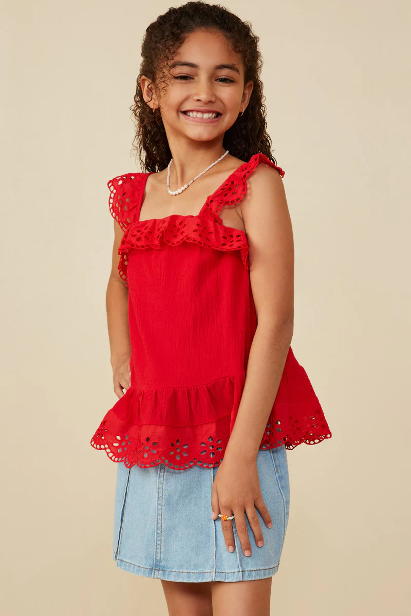 Girls Scalloped Eyelet Ruffle Tank