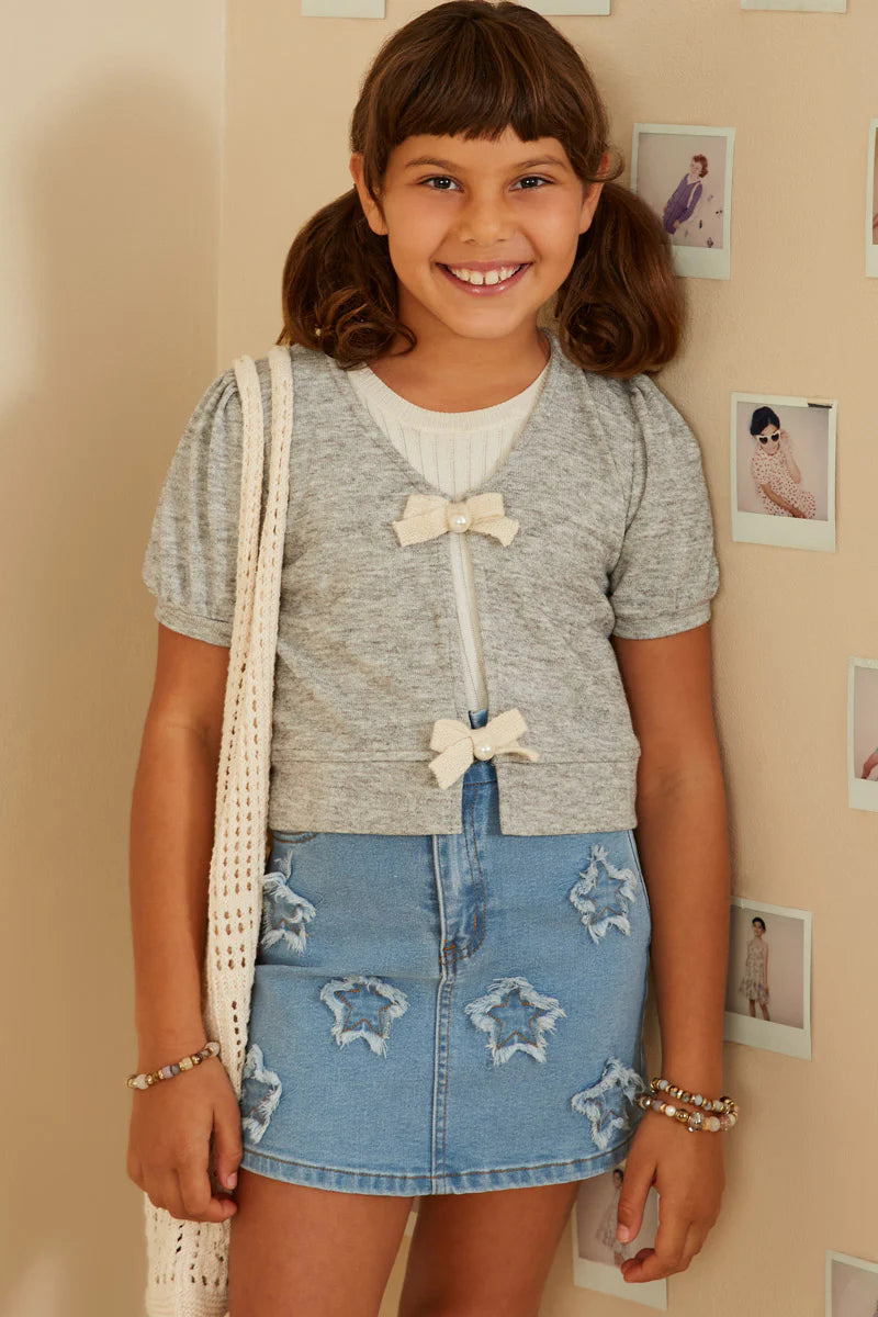 Girls Ribbon Detailed Short Sleeve Knit Open Top