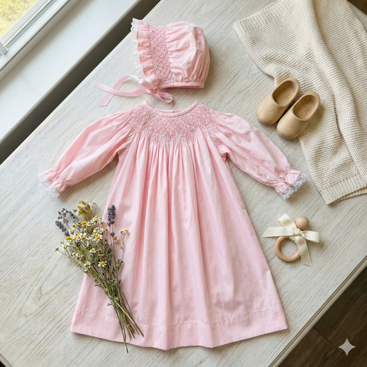 Delaney White Long Sleeve Smocked Cross Heirloom Day Gown & Bonnet Set