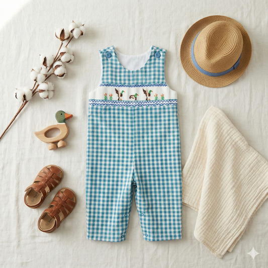 Sunny Meadow Classic Blue Gingham Smocked Mallard Duck Jon Jon