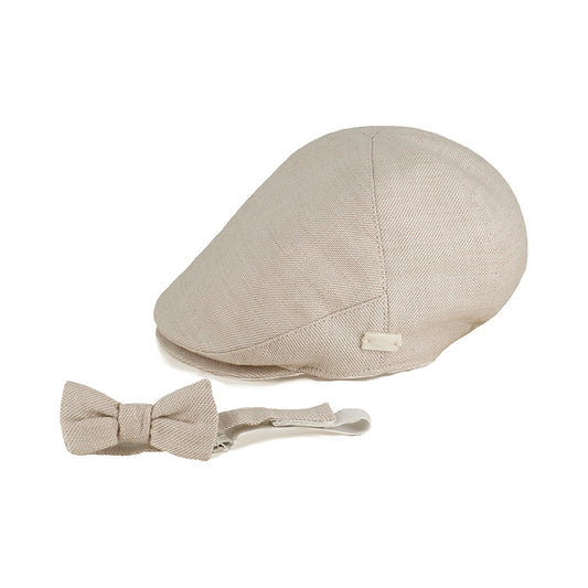 Classic Beige Linen Newsboy Cap & Bowtie Set for Boys