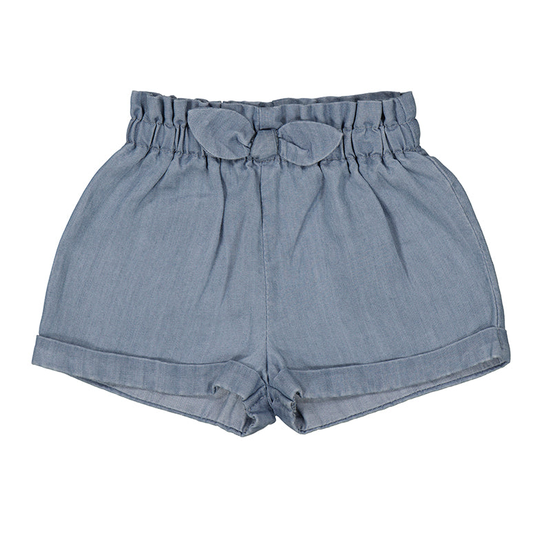 Girls' Blue Chambray Paperbag Waist Shorts with Bow