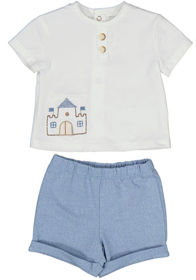 Children's outfit with white shirt and blue shorts on a white background