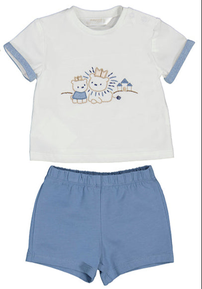 Children's outfit with white t-shirt and blue shorts on a white background