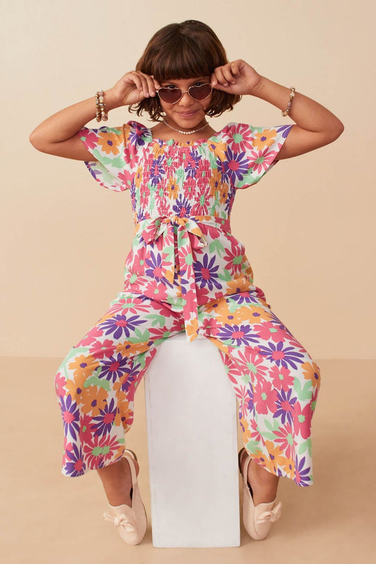 Girls Vivid Floral Self Belt Smocked Jumpsuit