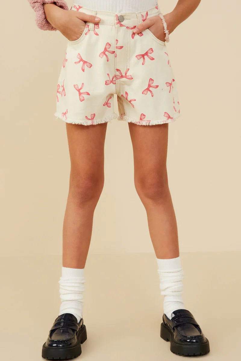 Girls Bow Printed Distrssed Denim Shorts