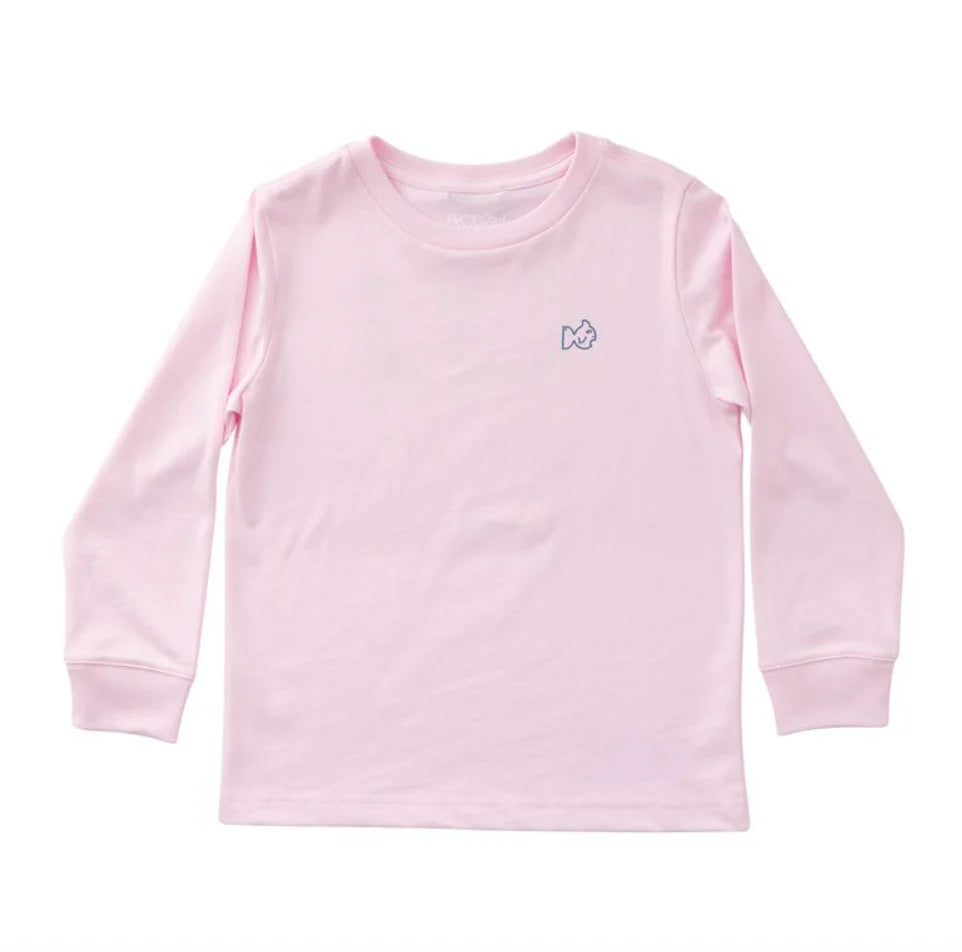 Pink long-sleeve shirt with a small logo on a white background