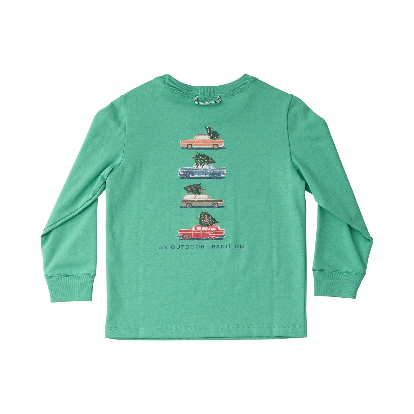 Green long-sleeve shirt with graphic design on a white background