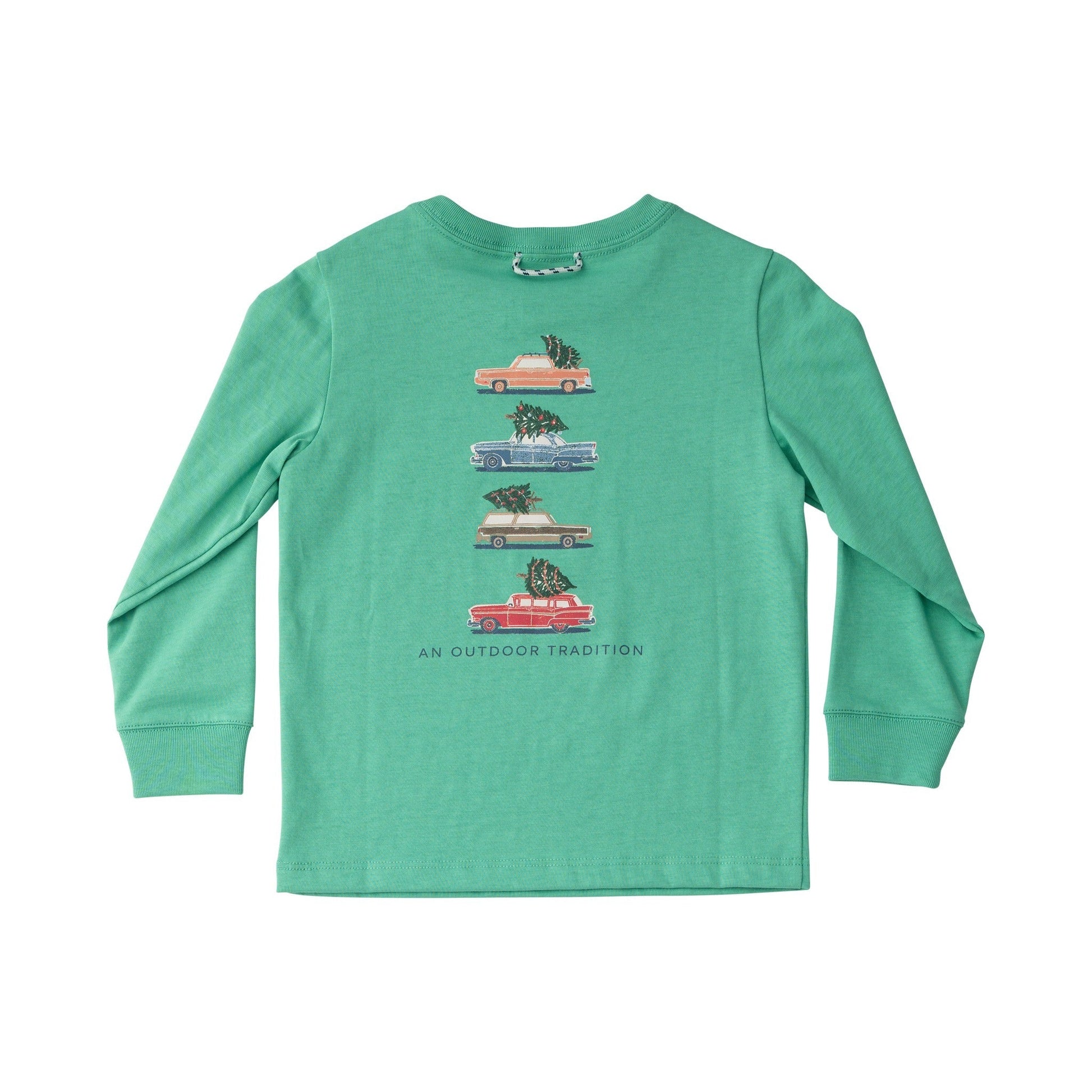 Green long-sleeve shirt with graphic design on a white background