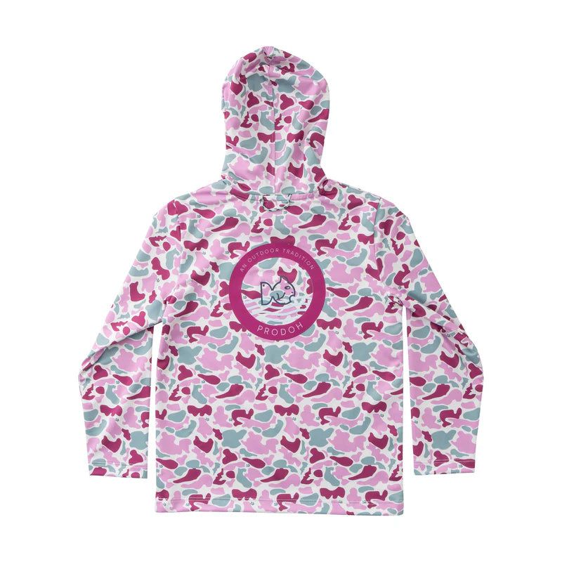 Pink and green camouflage hoodie with a logo on a white background