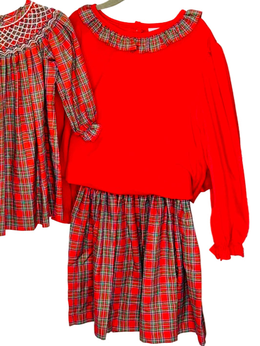 Girls Red Plaid Smocked Pearl Skirt/LS Knit Ruffle Top