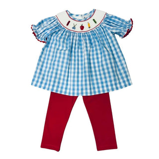 Delaney Smocked Bishop Legging Set, Blue Gingham