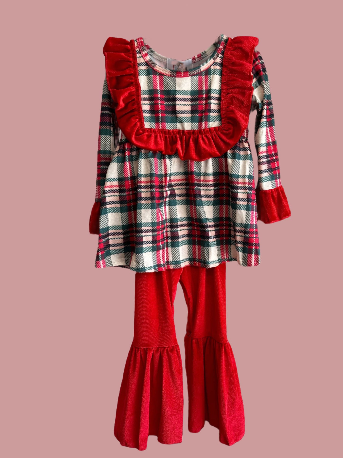 Red Christmas Plaid Girls Pants Set