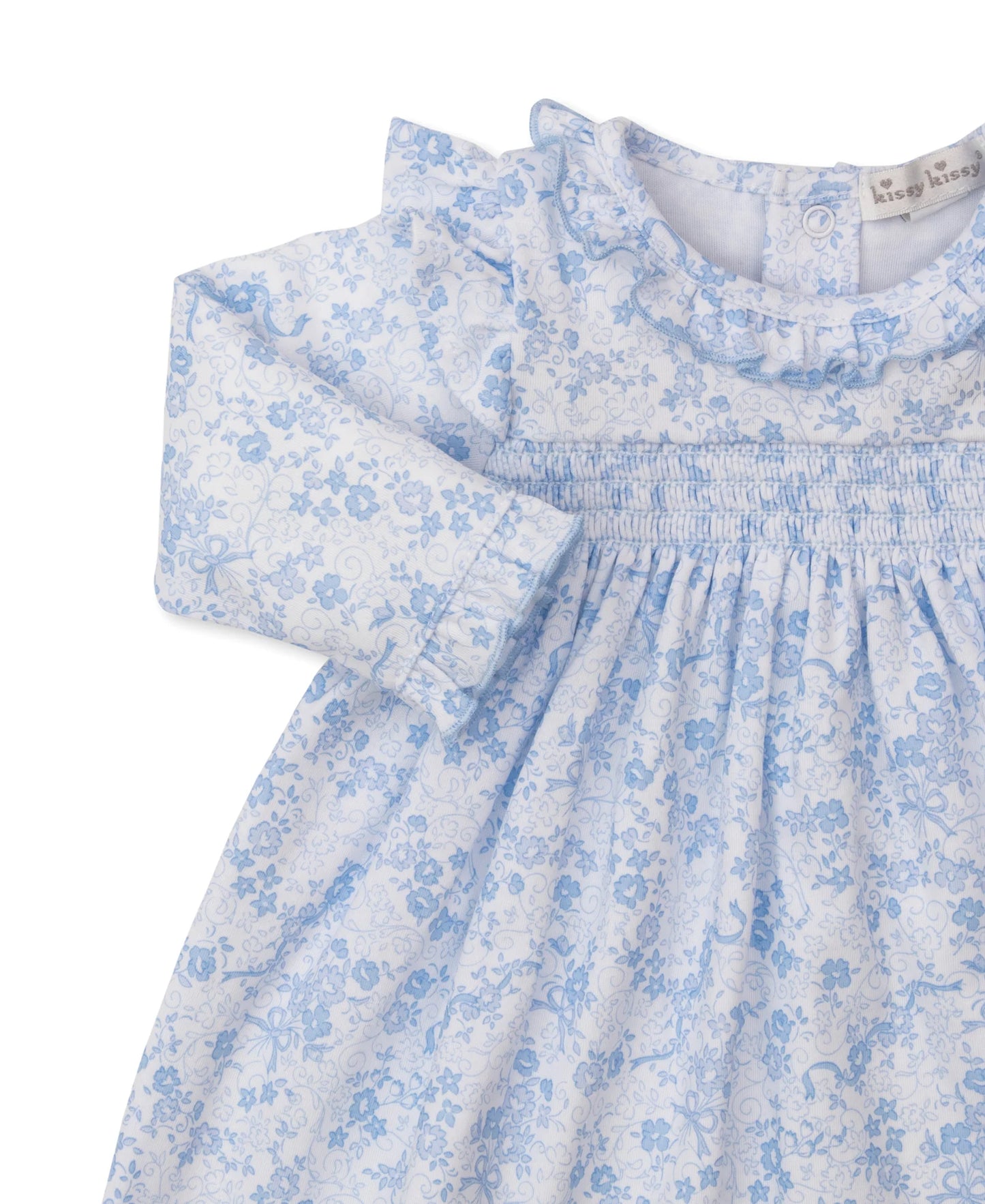 Blue floral dress with ruffled collar on a white background
