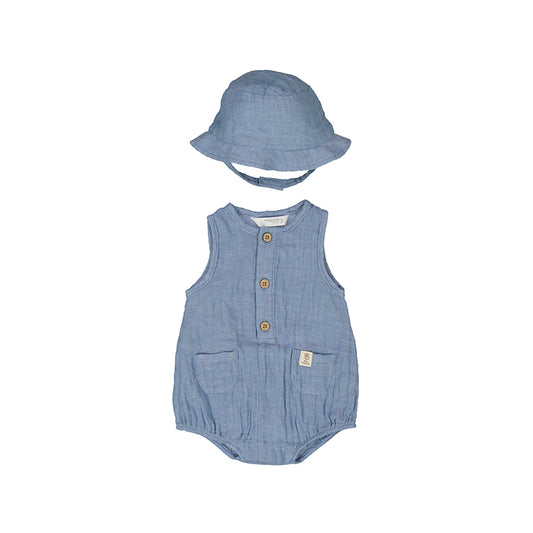 A sleeveless blue linen baby romper with wooden buttons and a matching sun hat with a chin strap.