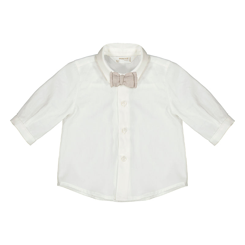 A long sleeve white shirt with a bow tie for infants.