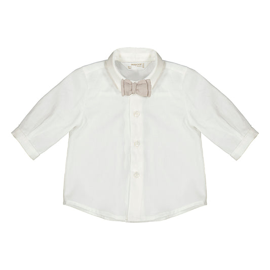 A long sleeve white shirt with a bow tie for infants.