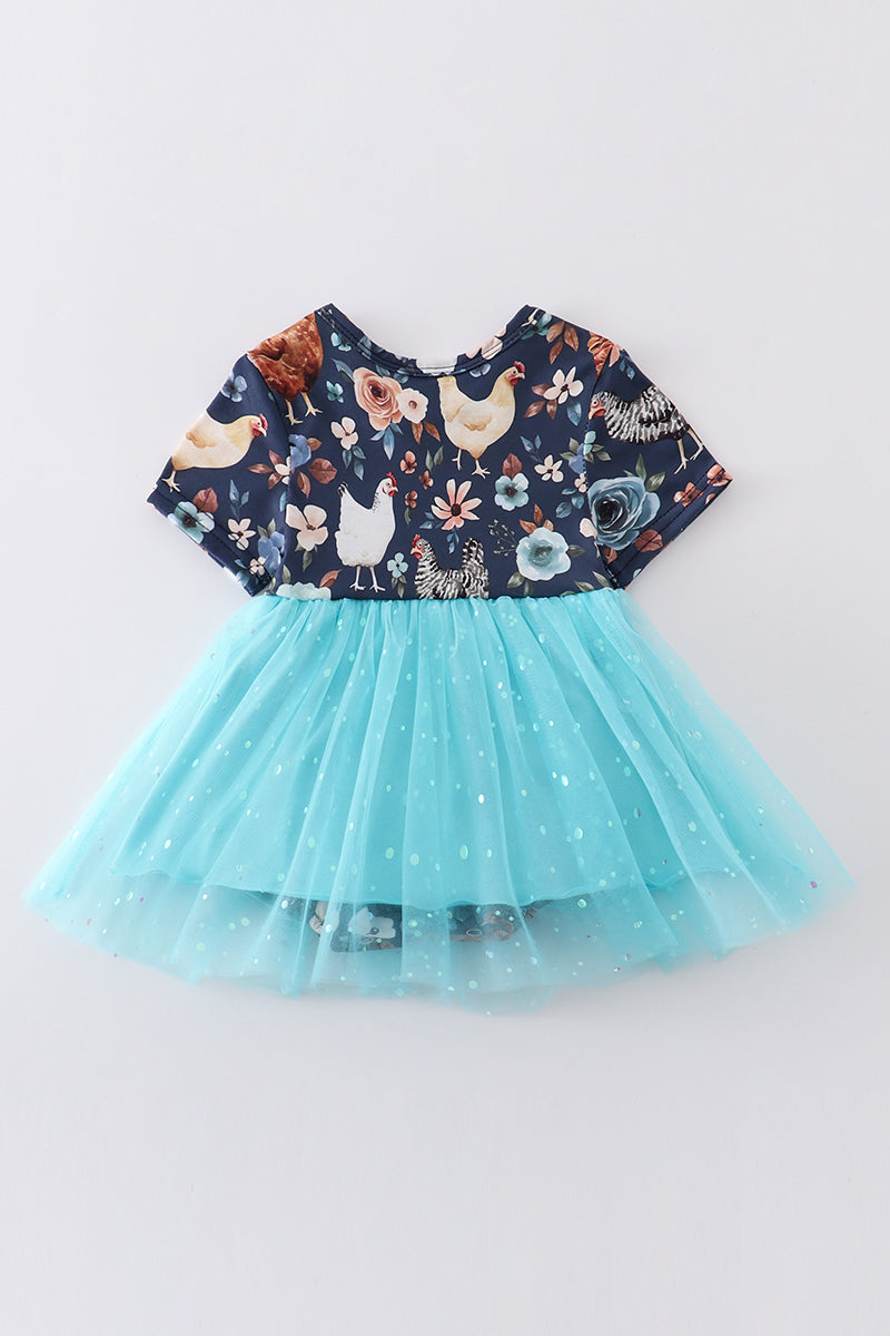 Floral chicken print sequin tulle girl bubble