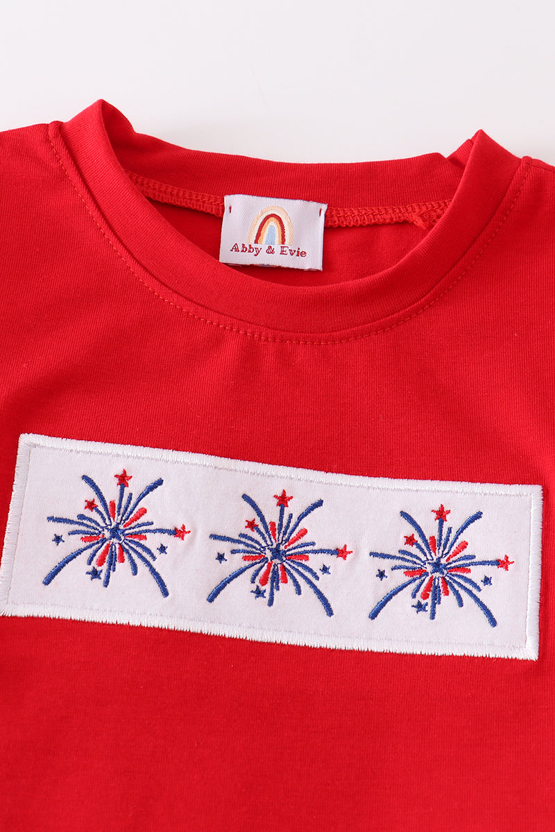 Red firework patriotic embroidery print boy set