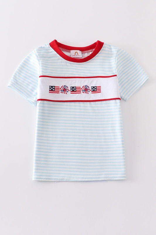 Blue Patriotic flag embroidery stripe boy top