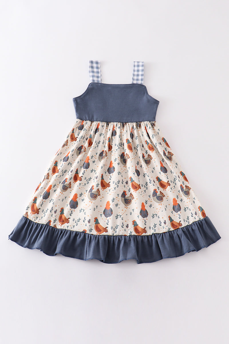Navy chicken embroidery dress