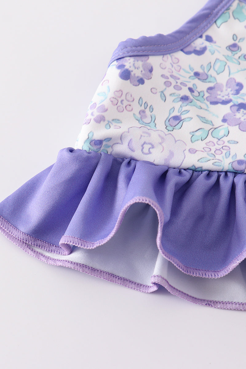 Purple floral print 2pc girl swimsuit
