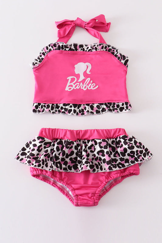 Pink barbie print leopard 2pc girl swimsuit