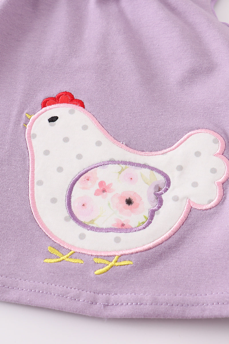 Purple floral print chicken applique baby set