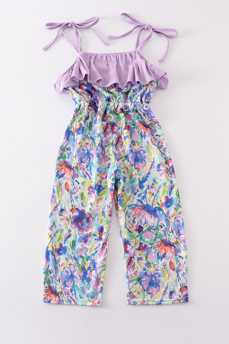 Purple floral print girl jumpsuit
