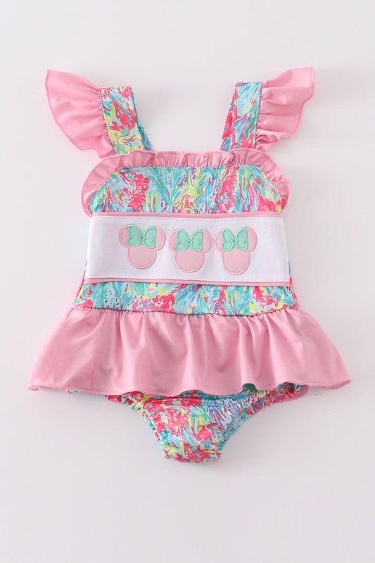 Pink floral print character applique girl swimsuit