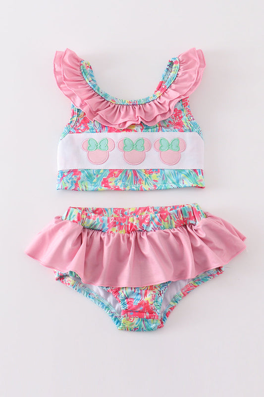 Pink character applique floral print ruffle 2pc girl swimsuit