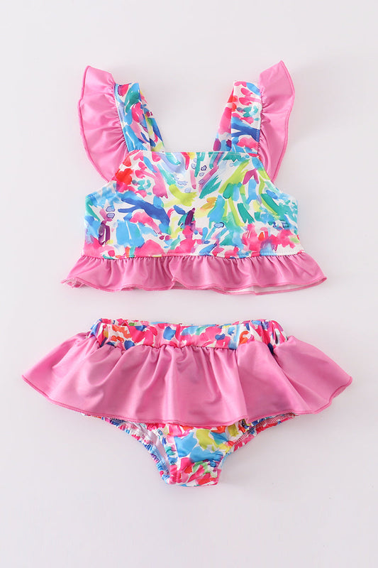 Pink floral print smocked 2pc girl ruffle swimsuit