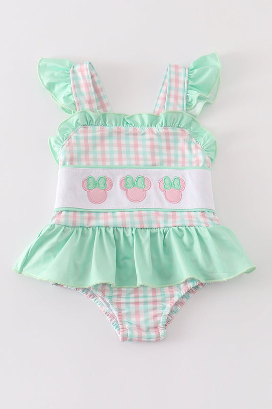 Green character applique plaid girl swimsuit