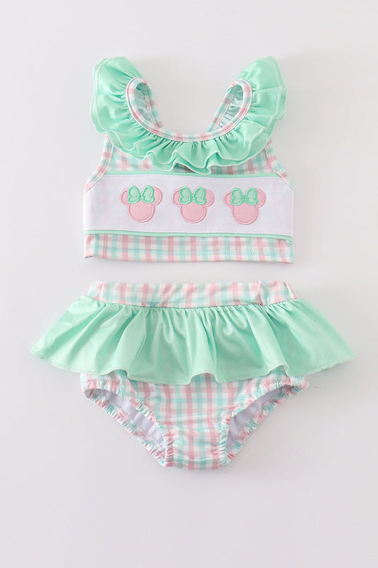 Green character applique plaid 2pc girl swimsuit