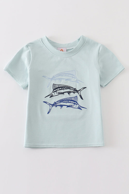 Blue swordfish embroidery boy top