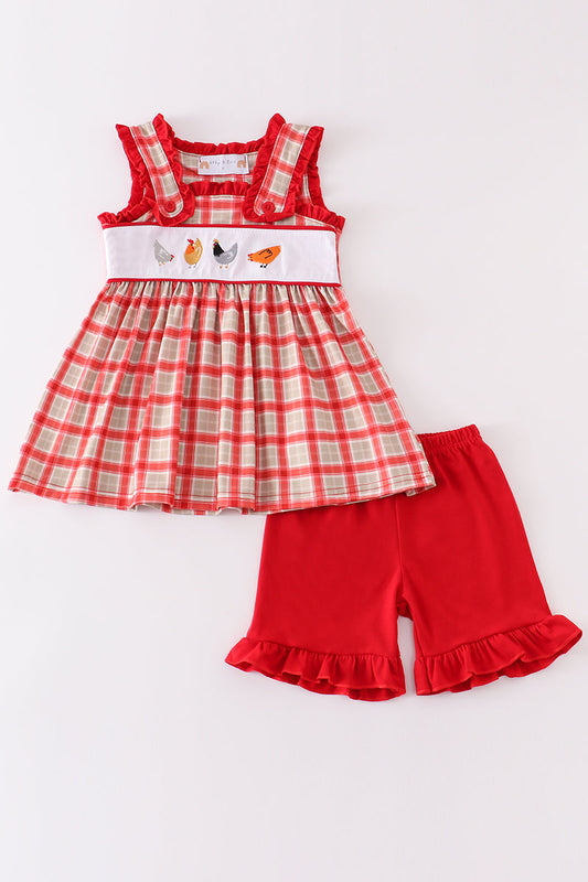 Red chicken embroidery plaid girl set