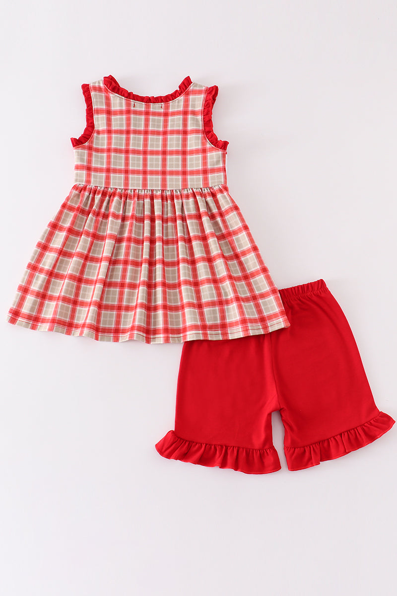 Red chicken embroidery plaid girl set
