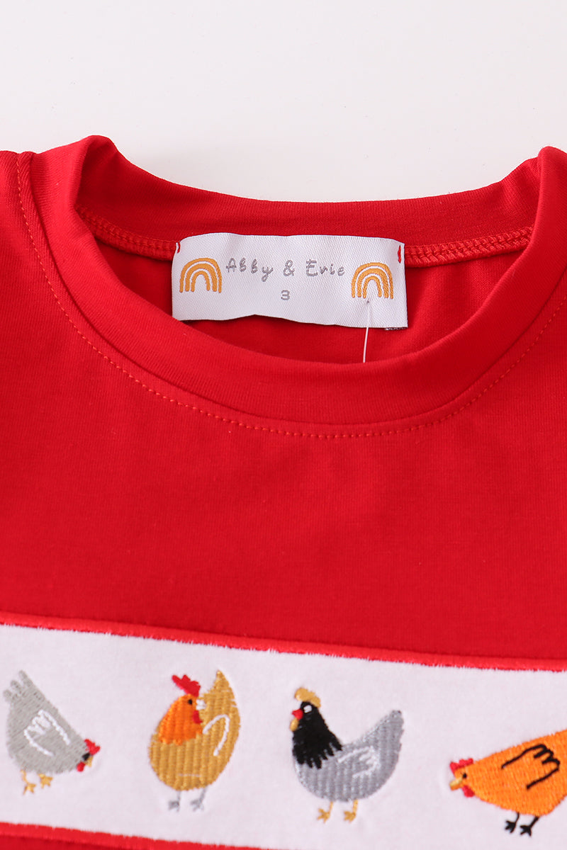 Red chicken embroidery boy set