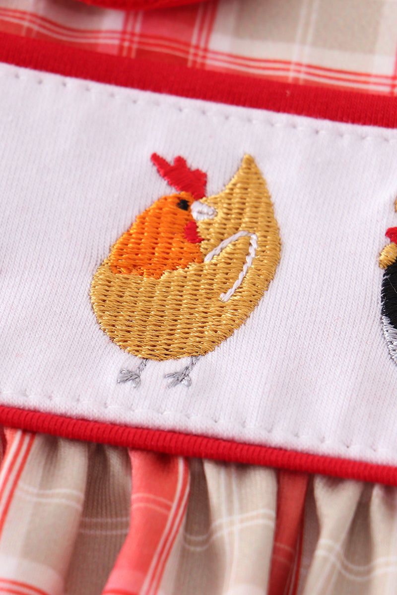 Red chicken embroidery plaid baby set