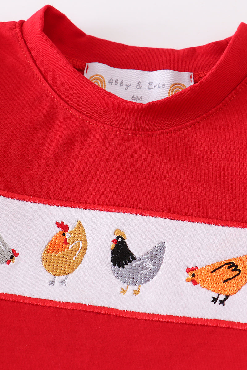 Red chicken embroidery plaid baby set