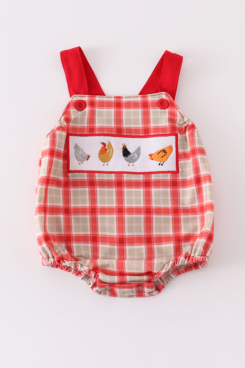 Red chicken embroidery plaid boy bubble