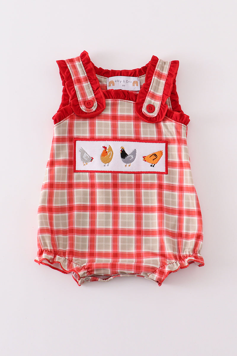 Red chicken embroidery plaid girl bubble