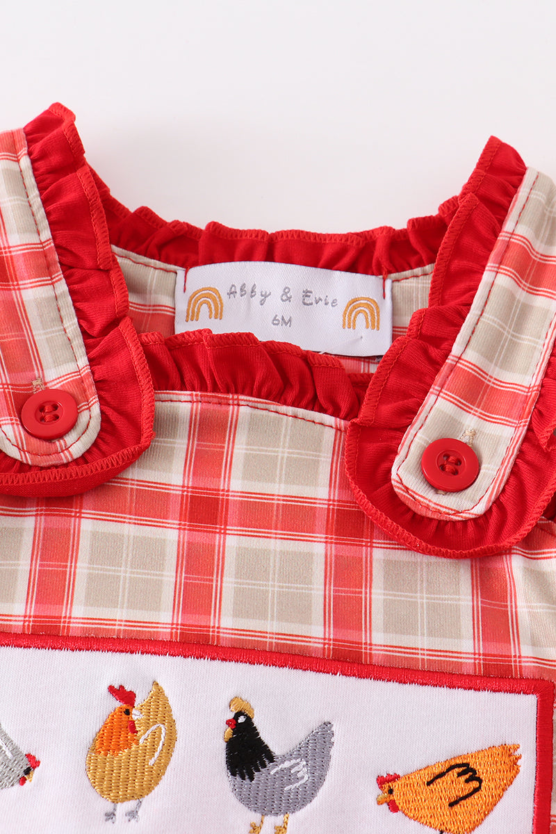 Red chicken embroidery plaid girl bubble