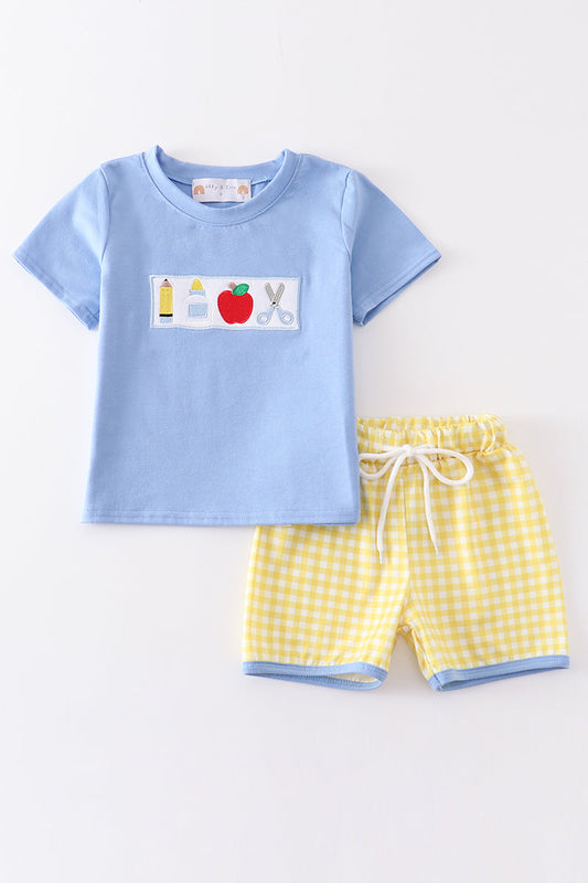 Blue back to school embroidery boy set