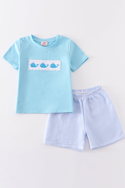Blue whale embroidery boy shorts set