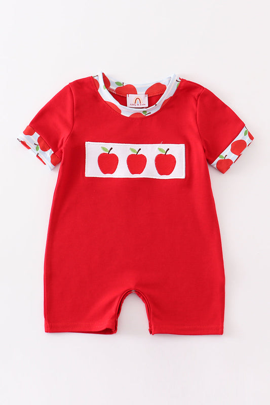 Red apple embroidery back to shoole boy romper