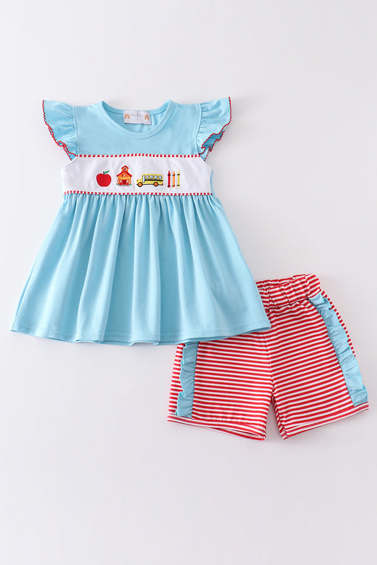 Blue back to school embroidery girl set
