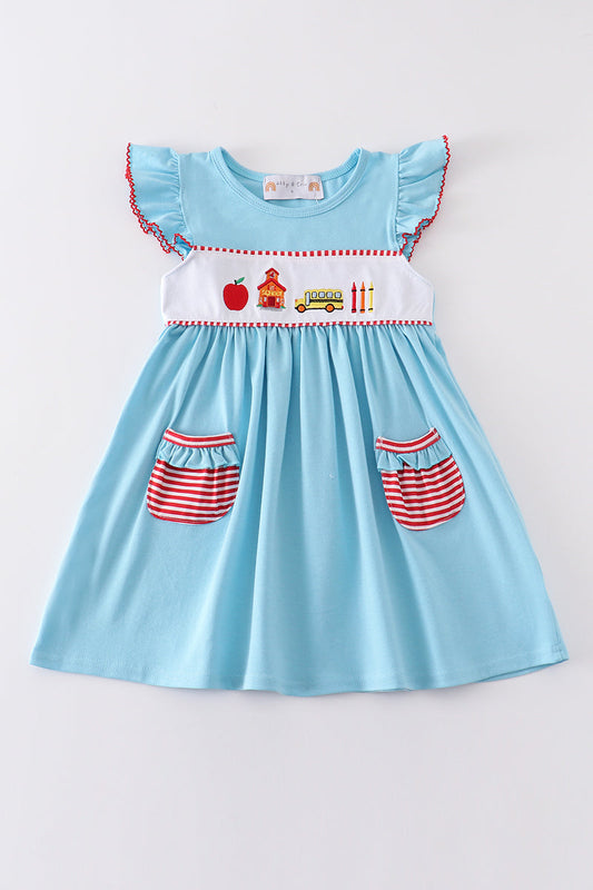 Blue back to school embroidery dress