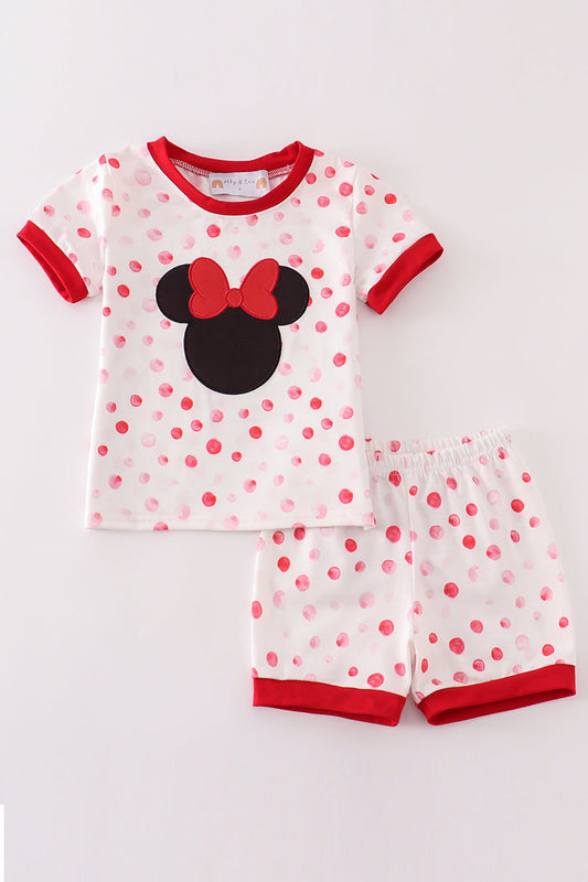 Red character applique dot girl set