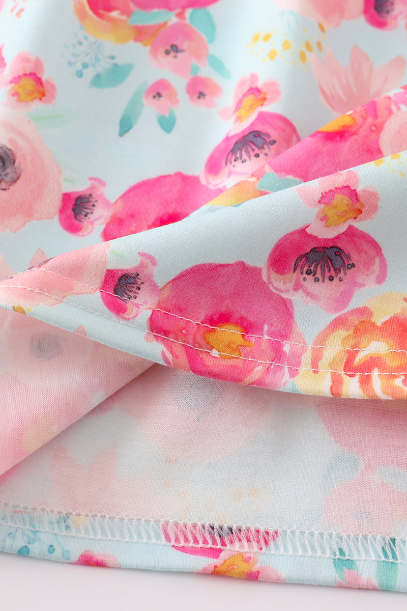 Pink floral ruffle shorts set